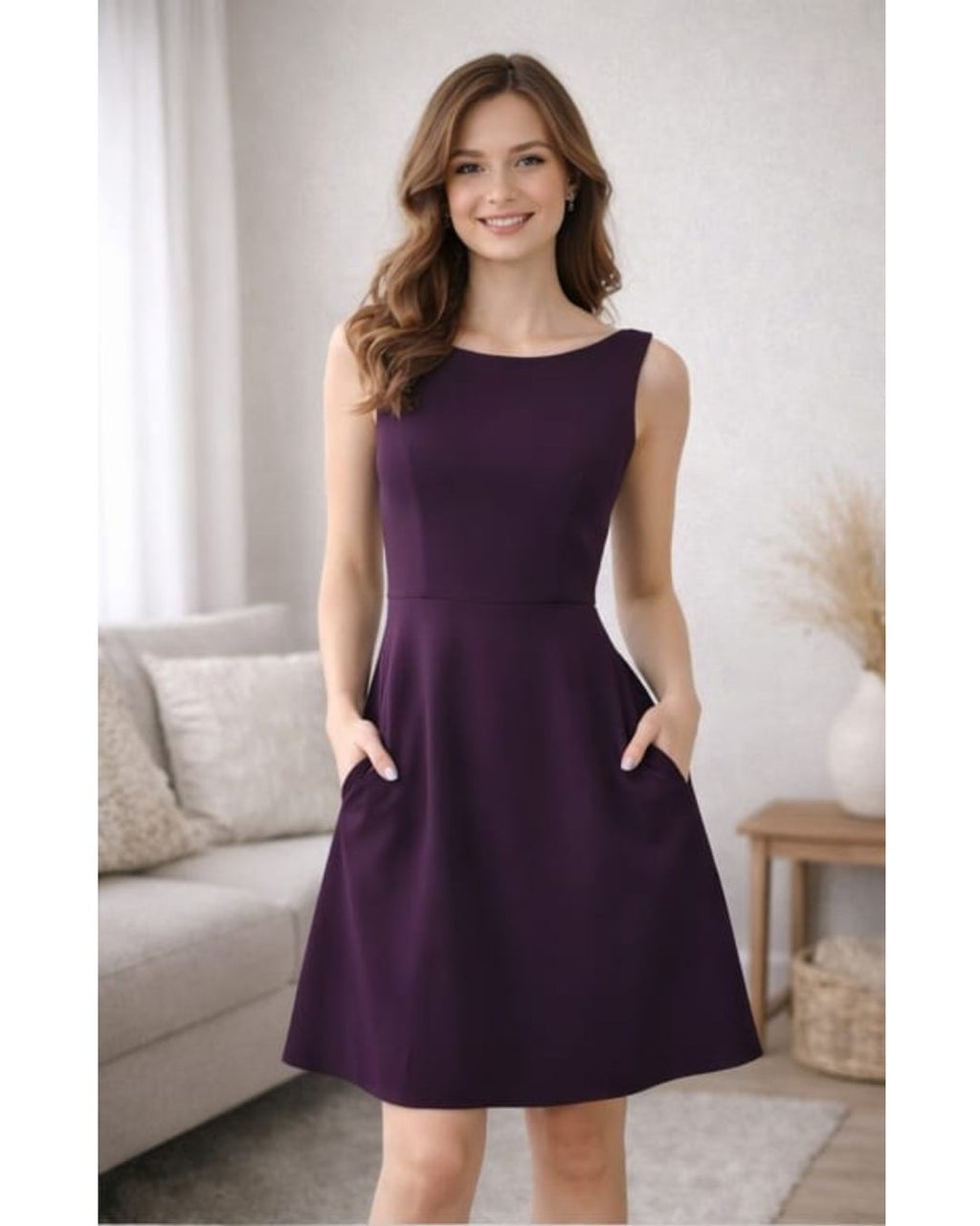 Wine boat neck A-line dress