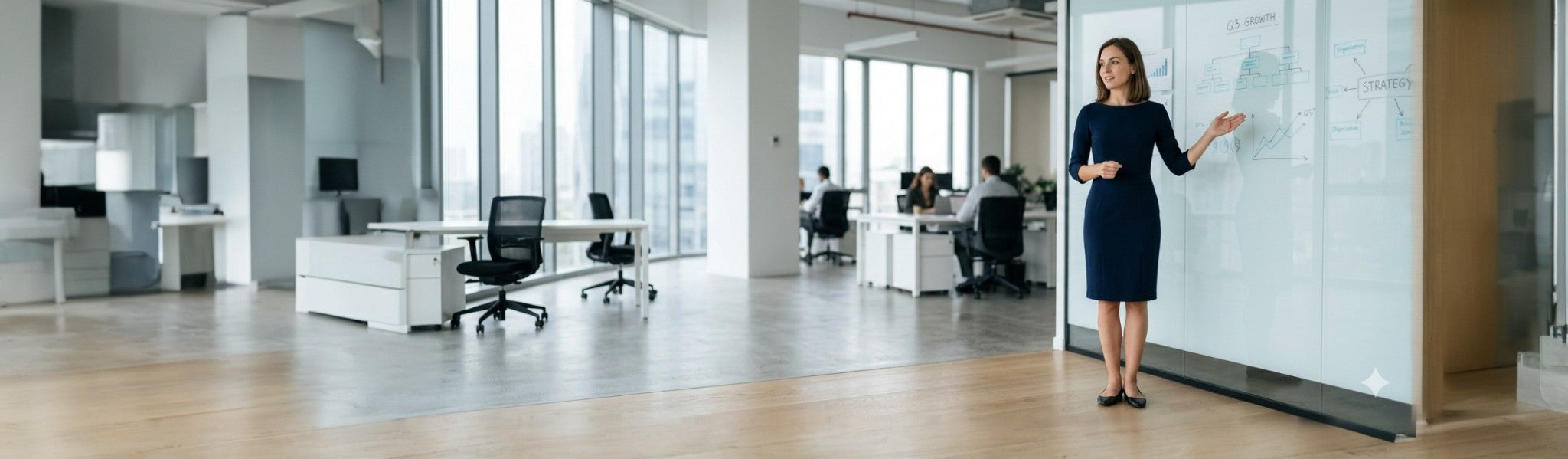 Woman in a modern office setting, standing by a whiteboard.
